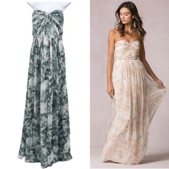 BHLDN Jenny Yoo Nyla Watercolor Floral Strapless Gown Maxi Dress Wedding Grey 10 - Picture 1 of 9